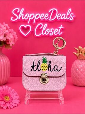 Aloha Pineapple Mini Purse Keychain Pink ID Card Coin Wallet Keyring Clip